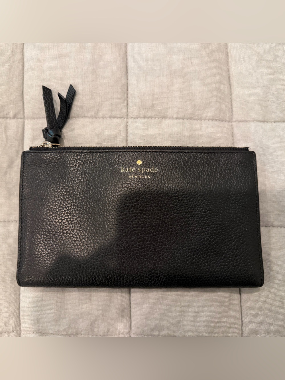 Kate Spade Black Pebbled Leather Zip Wallet with Gold Logo